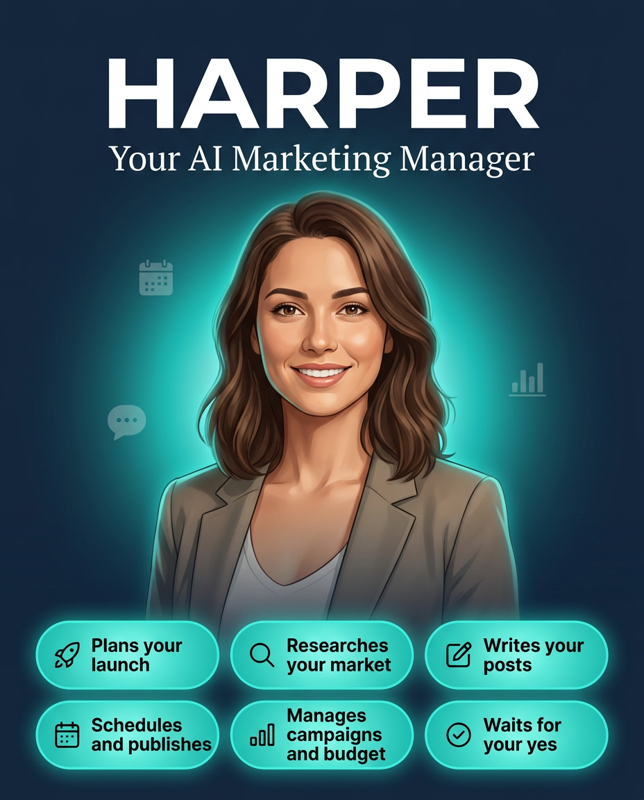Harper, your AI marketing manager - plans your launch, researches your market, writes your posts, schedules and publishes, manages campaigns and budget, and waits for your yes